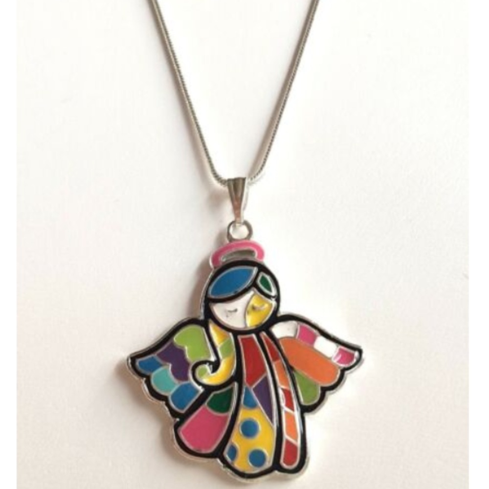 Vtg Silver Plated Angel Necklace Pop Art 18" Patchwork Multicolor Enamel